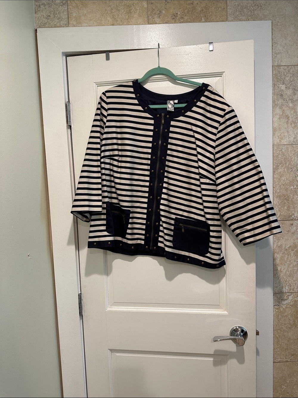 Striped Navy and White zip Front silk Jacket